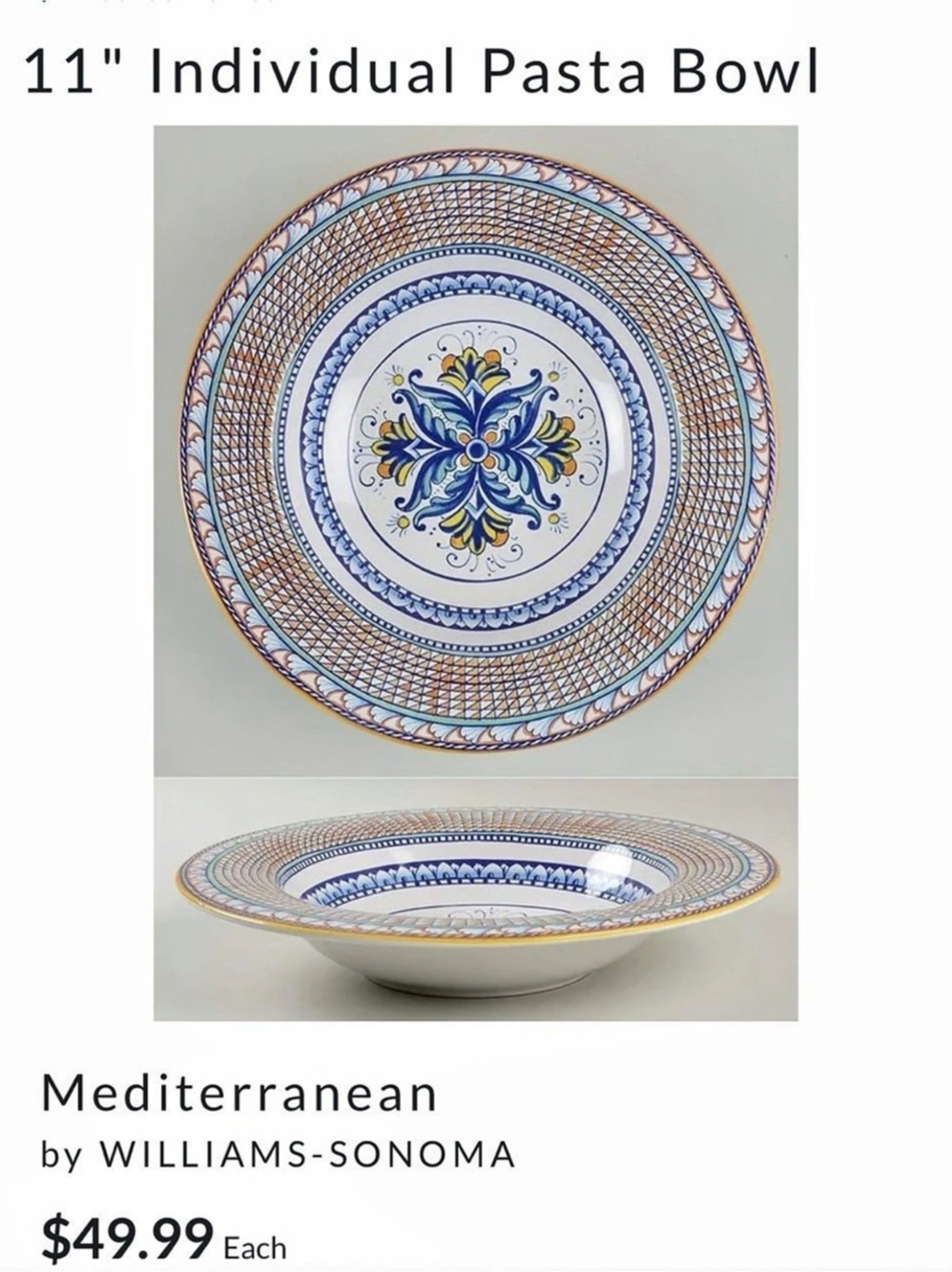 Williams-Sonoma Mediterranean 11.5" Individual Pasta Bowl Blue & White (retired)